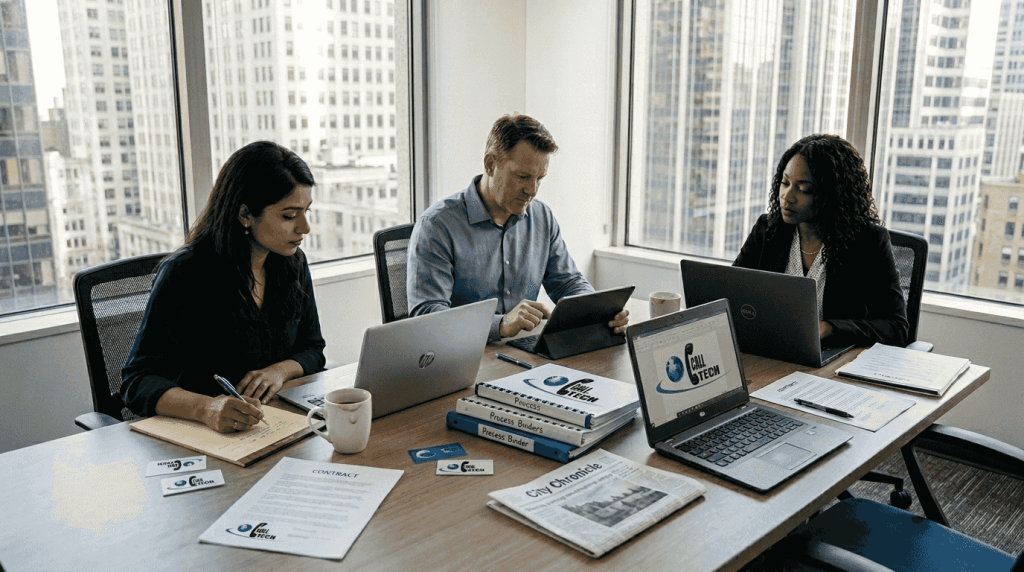Team working on outsourcing in bright office