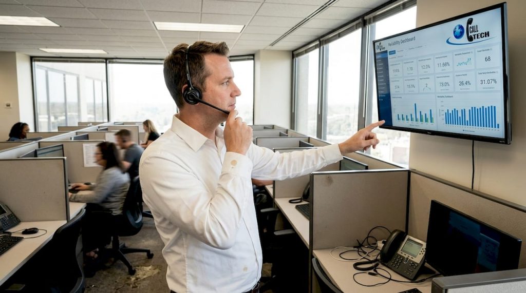 Call center supervisor checks reliability dashboard
