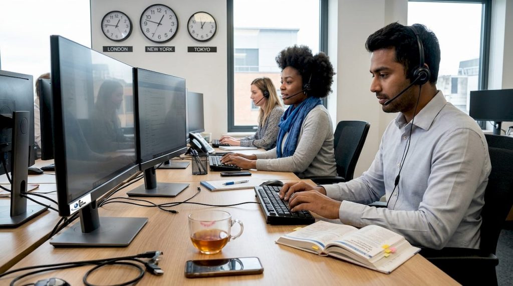 Customer service agents at shared desks with city clocks