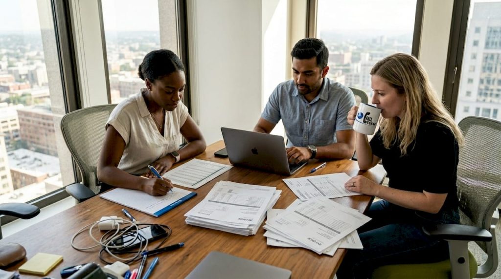 Team reviewing invoices in corner office