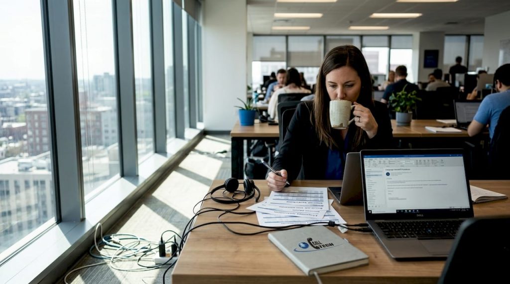 Manager reviewing multilingual contact center workflow