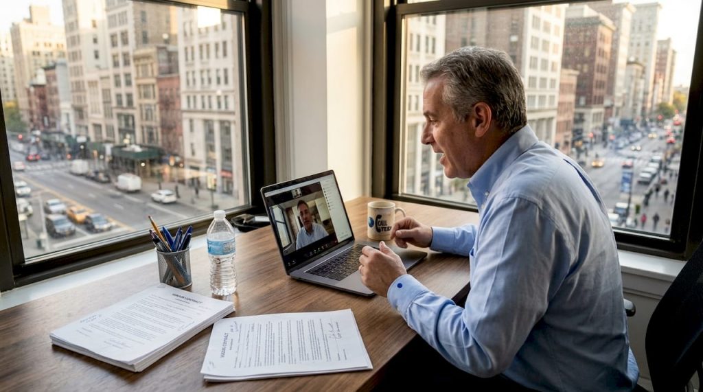 Manager collaborating in corner office workspace