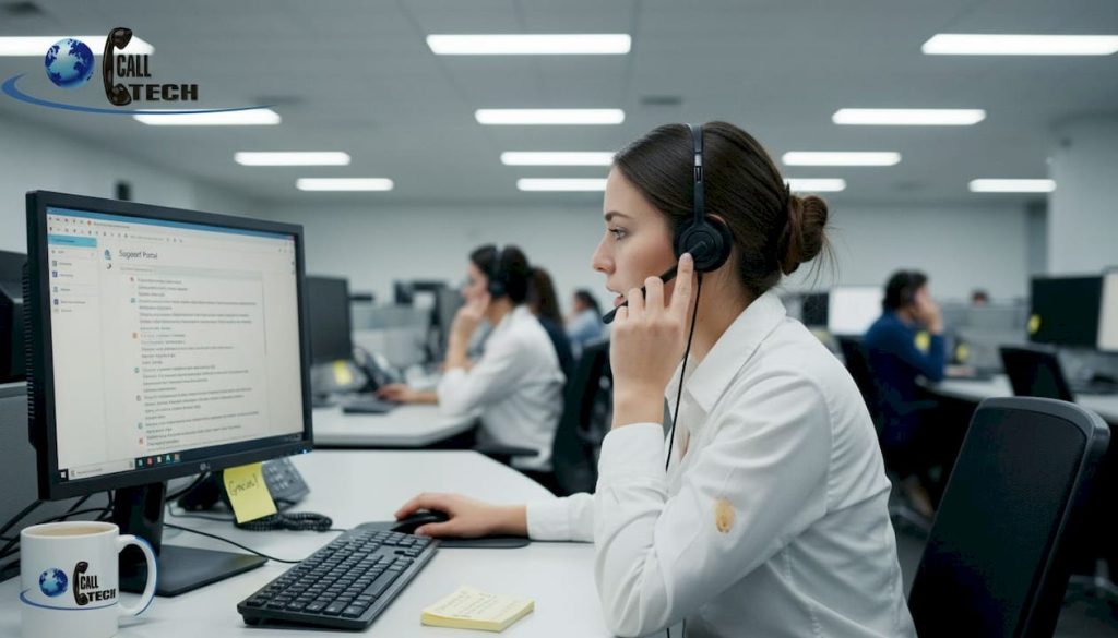 Agent talks with customer in busy call center