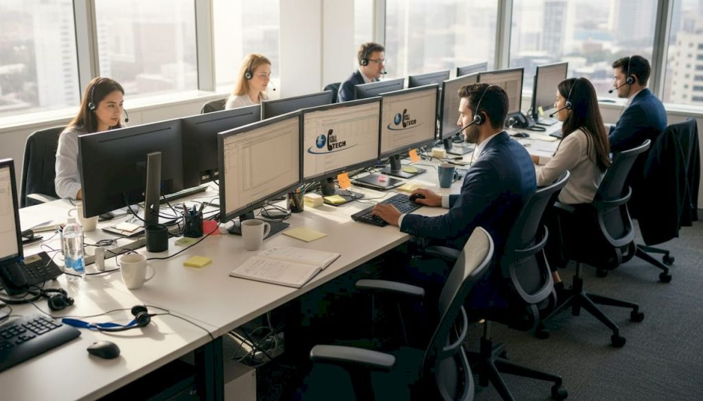 Busy contact center team working at desks