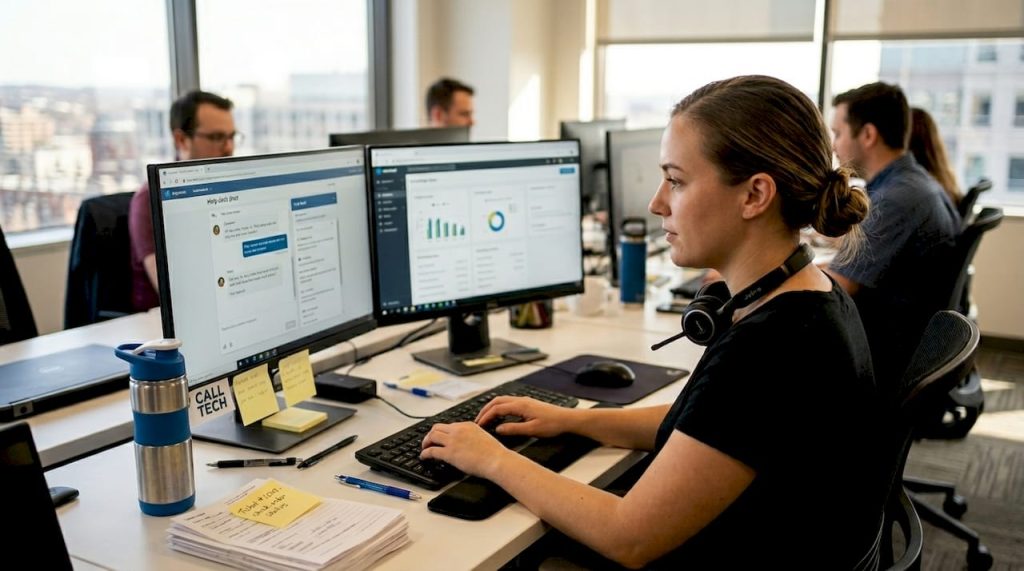 Support agent working at computer in office