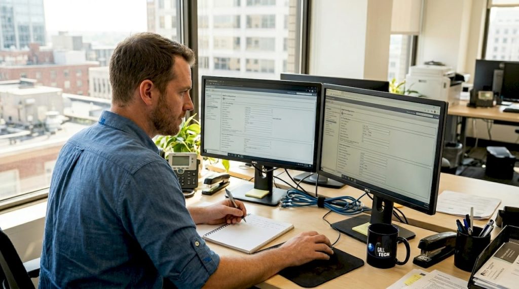 IT pro configures VoIP at sunny office desk