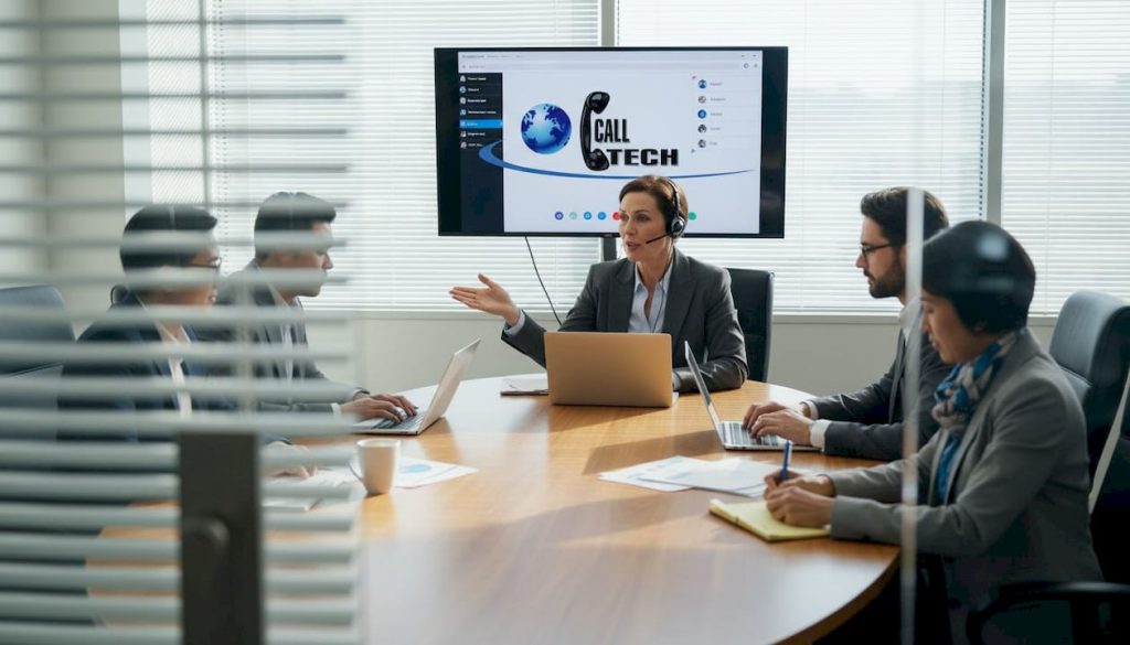 Manager leads multilingual team video conference