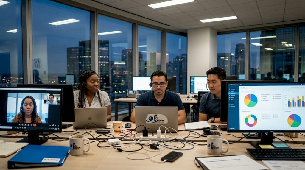 Multinational support team working in city office