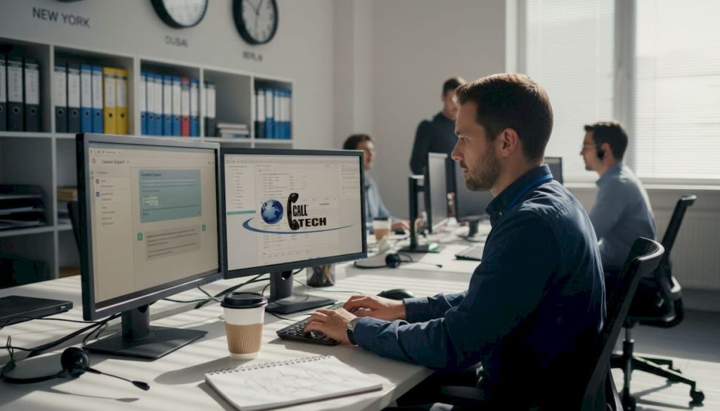 Support agent in open-plan office with global clocks