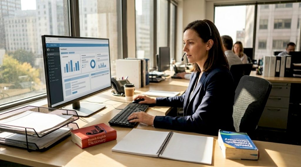 Support manager updating CRM in lively office