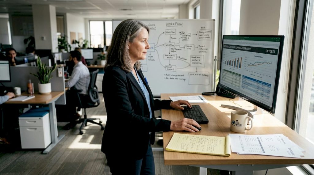 Manager checking support cost data at desk