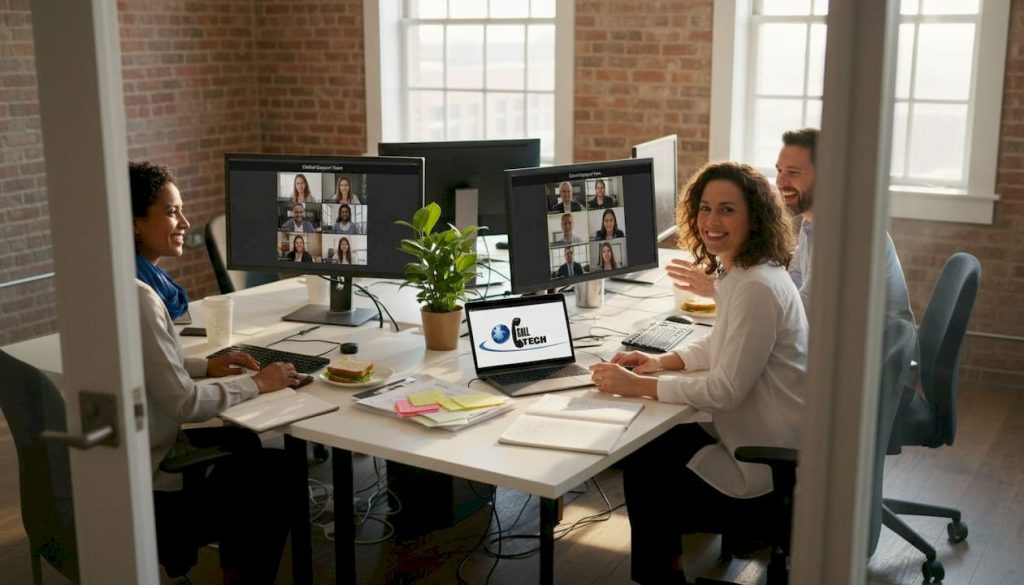 Team on video call for global support