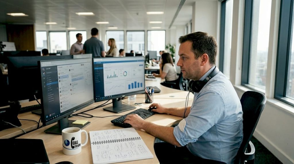 Global support manager multitasking at desk