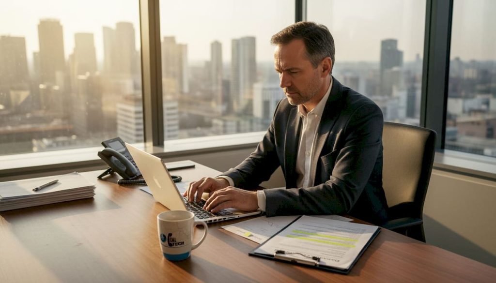 Manager reviewing outsourcing documents in office