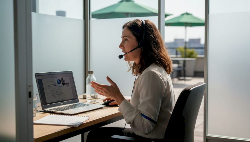 Support agent helping customer at office desk
