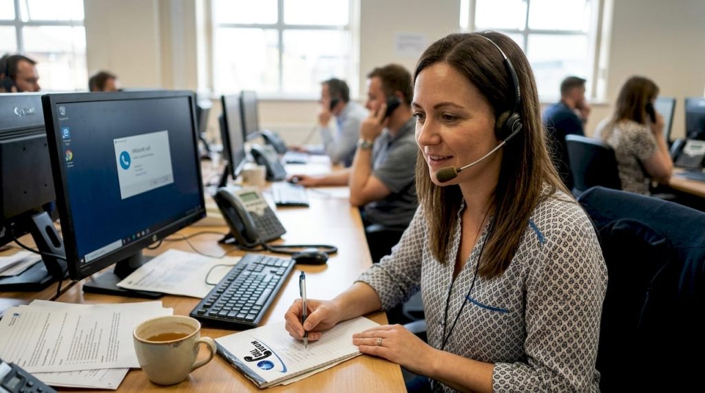 Technical support agent assists customer in call center