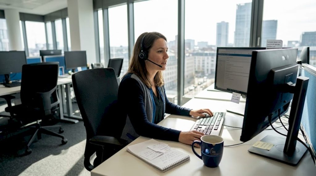 Support agent providing multilingual help in office