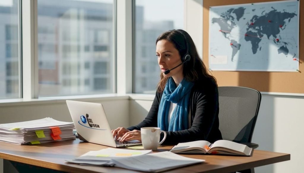 Multilingual interviewer working in corner office