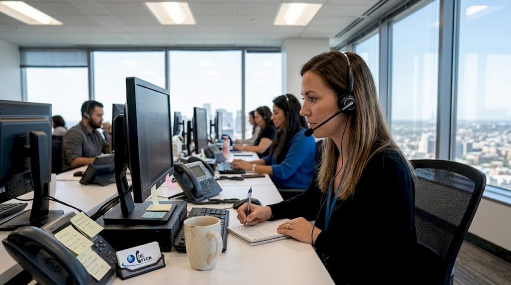 Call center agent working at shared desk
