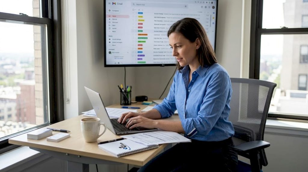 Worker managing outsourcing tasks in office