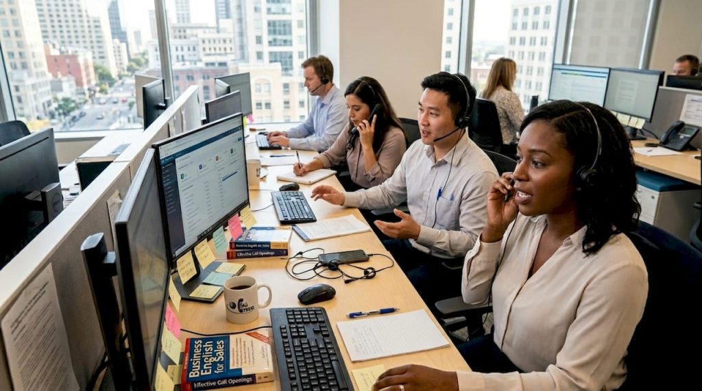 Telemarketing agents working in multilingual call center