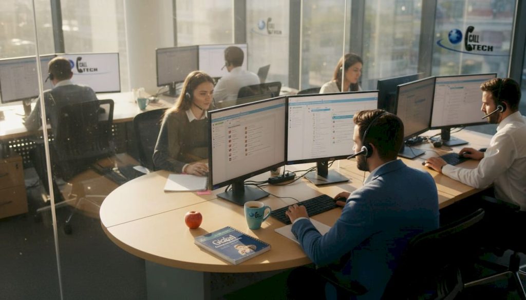 Call center staff working with headsets at desks