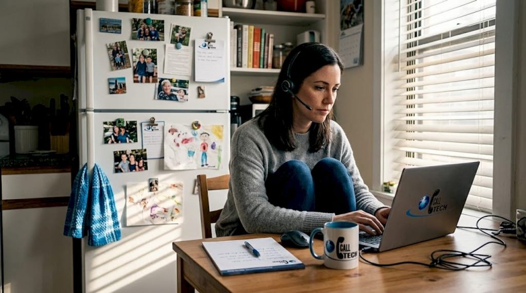 Support agent working from home kitchen workspace
