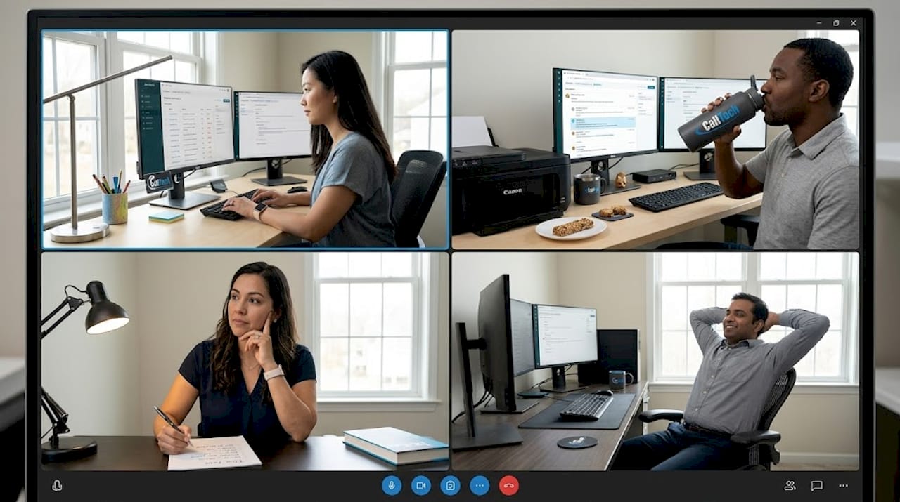 Remote team collaborating via video call at home desks