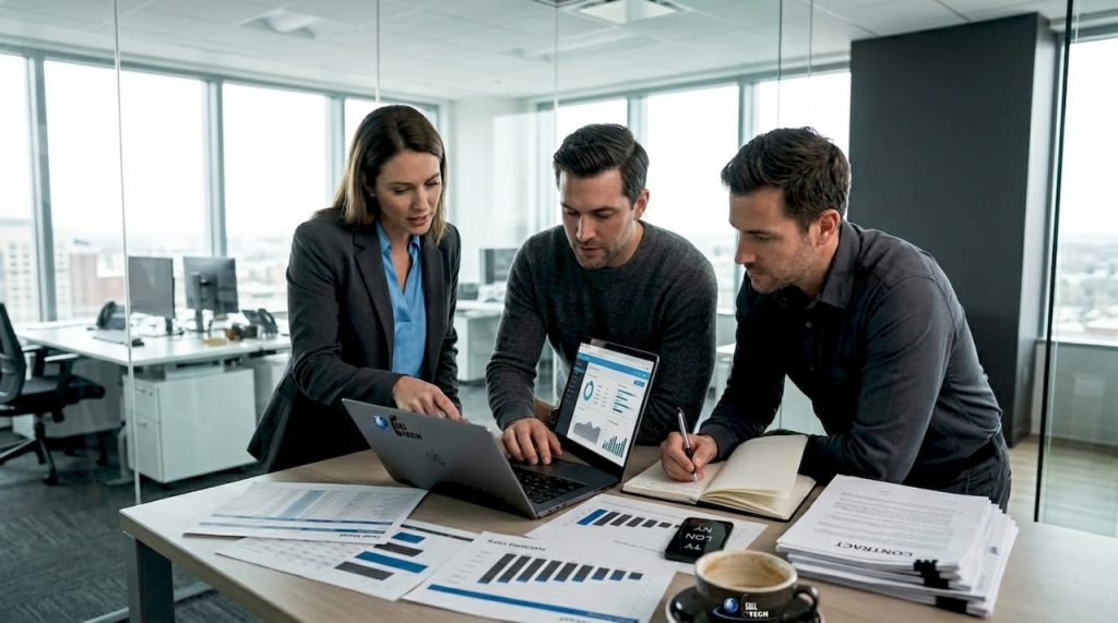 Team collaborating on B2B lead generation in office