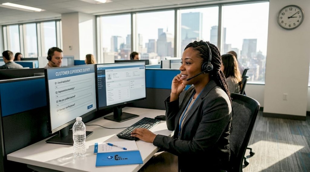 CATI interviewer conducting survey at call center desk