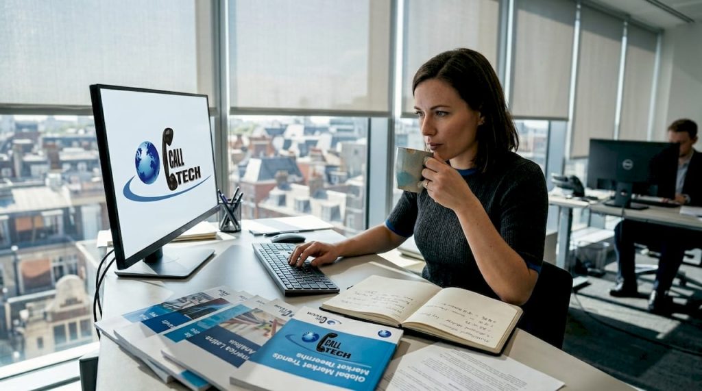Professional reviewing multilingual research reports in office