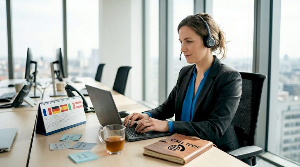 Agent setting appointments at multilingual office desk