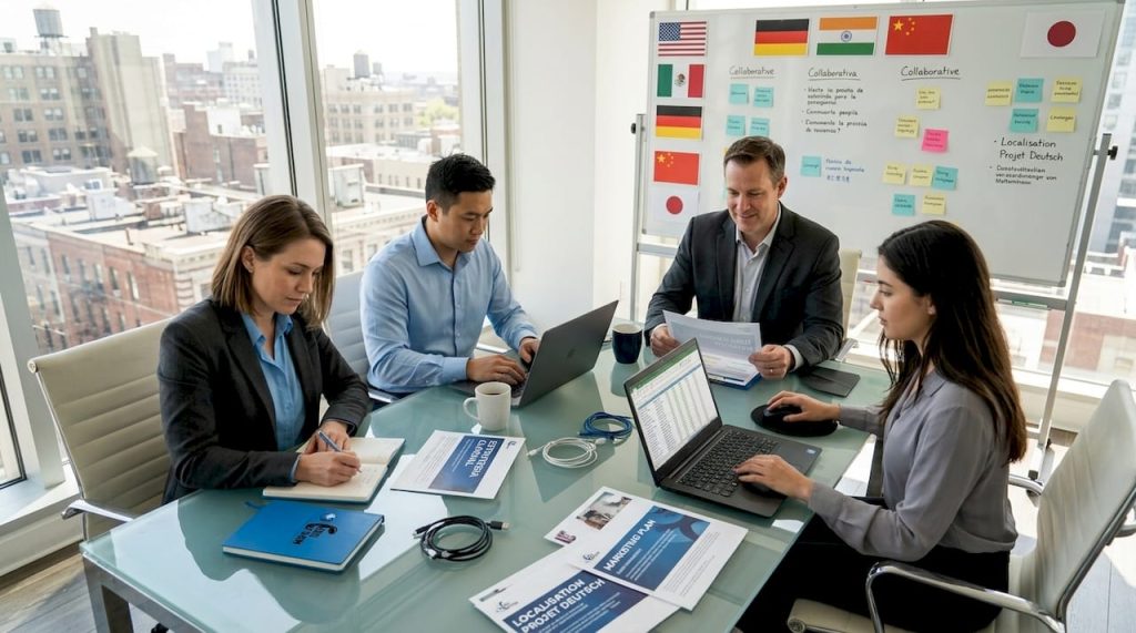 Business team collaborating across languages at glass table