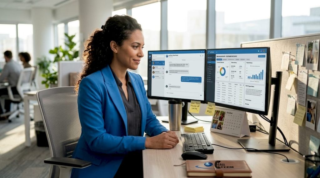 Support specialist at desk handling customer retention
