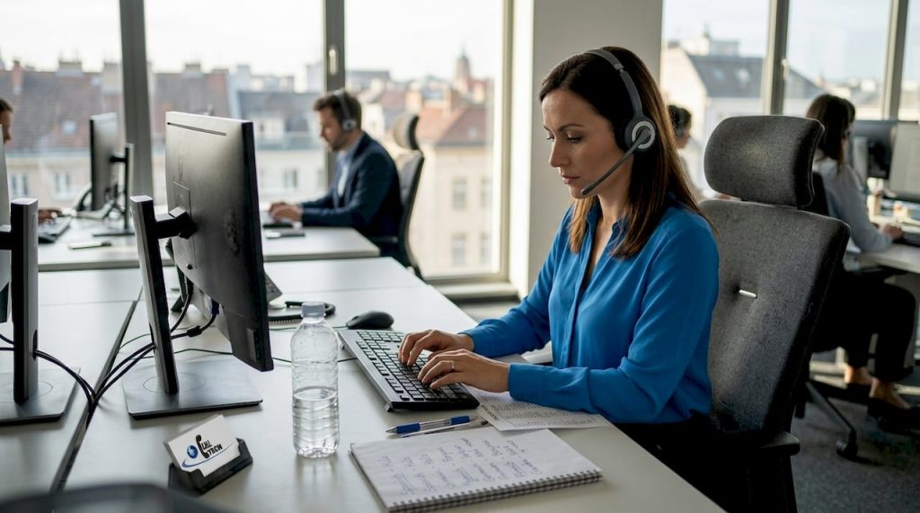 Agent working in European call center workspace