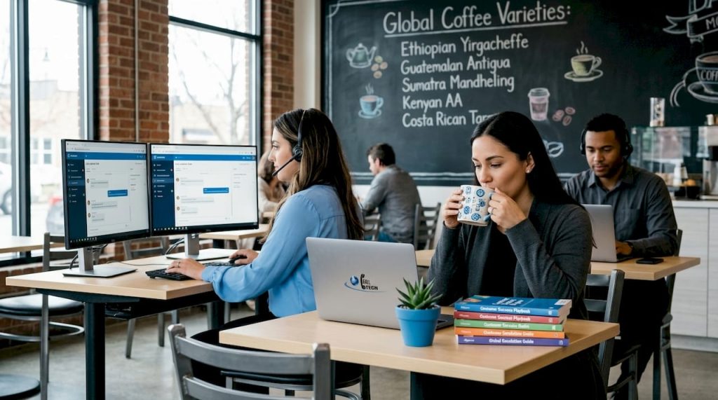Support specialists at desks with global maps