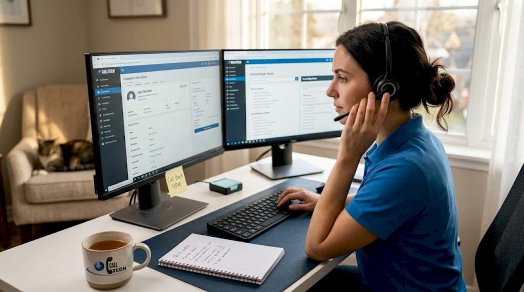 Support agent working at busy office desk