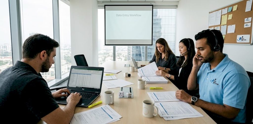 Multinational team working on data outsourcing tasks
