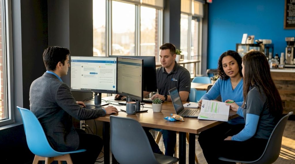 Hybrid support team working in telecom office