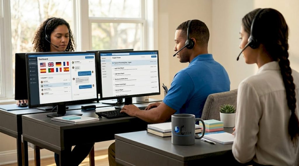 Multilingual customer support team in open office