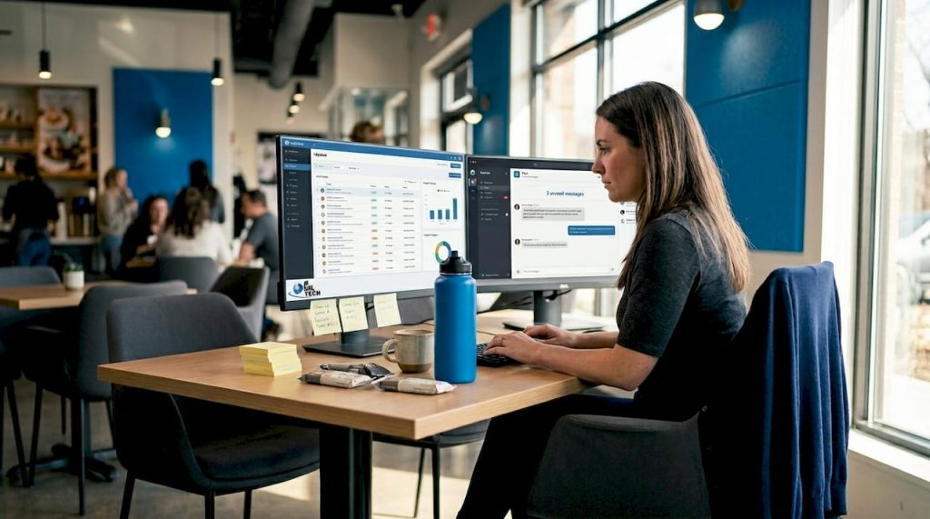 Support manager reviewing ticket dashboard in open office